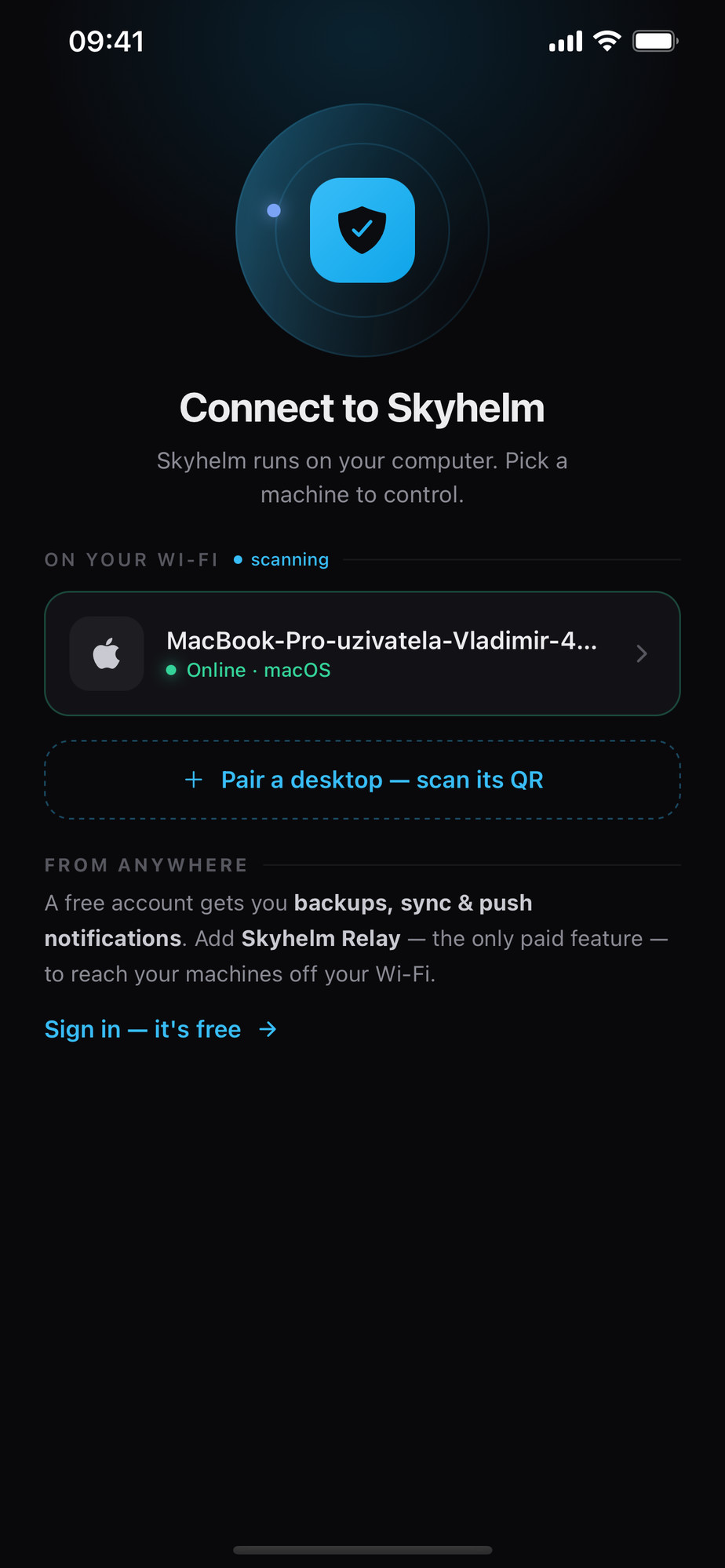 Connect to Skyhelm — pair a device